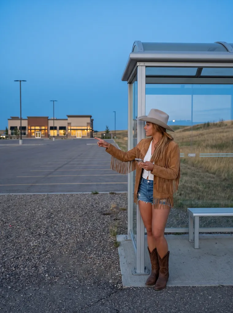 The young woman stands by a glass bus shelter at the edge of a large parking lot at dusk, pointing toward the parked cars